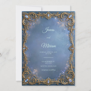 Dusty Blue Crystal Gilded Filigree Frame Wedding Invitation