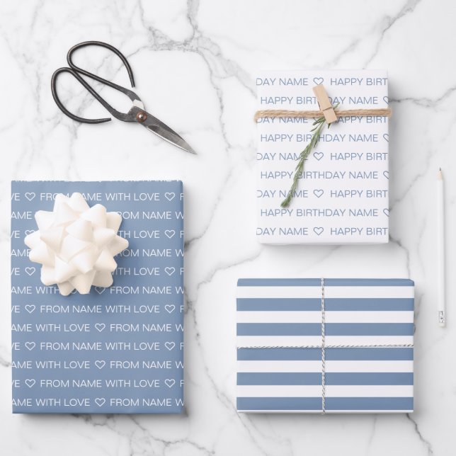 Dusty Blue Custom Happy Birthday With Love  Wrapping Paper Sheet (Front)