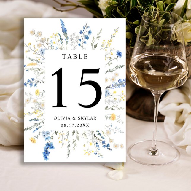 Dusty Blue Dainty Wild Floral Boho Yellow Wedding Table Number (Creator Uploaded)