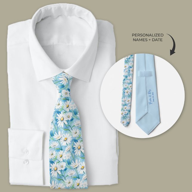 Dusty Blue Daisy Tie (Dusty Blue watercolor daisy groomsmen neckties)