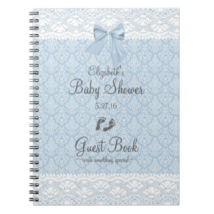 Dusty Blue Damask and Lace Baby Shower Guest Book- Notebook
