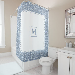 Dusty blue damask pattern white frame and monogram