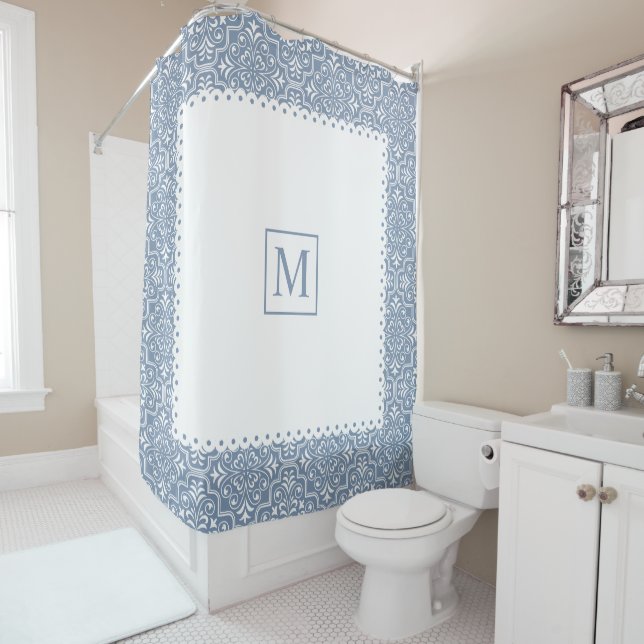 Dusty blue damask pattern white frame and monogram (In Situ)