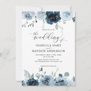 Dusty Blue Dark Navy Slate Floral Pastel Wedding Invitation