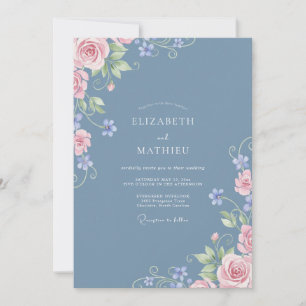Dusty Blue Delicate Blossom Flourish Wedding Invitation