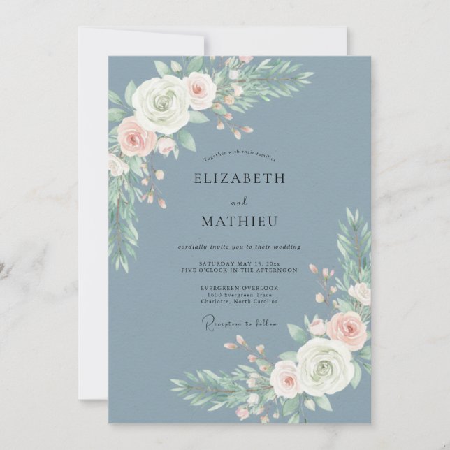 Dusty Blue Delicate Floral Wedding Invitation (Front)