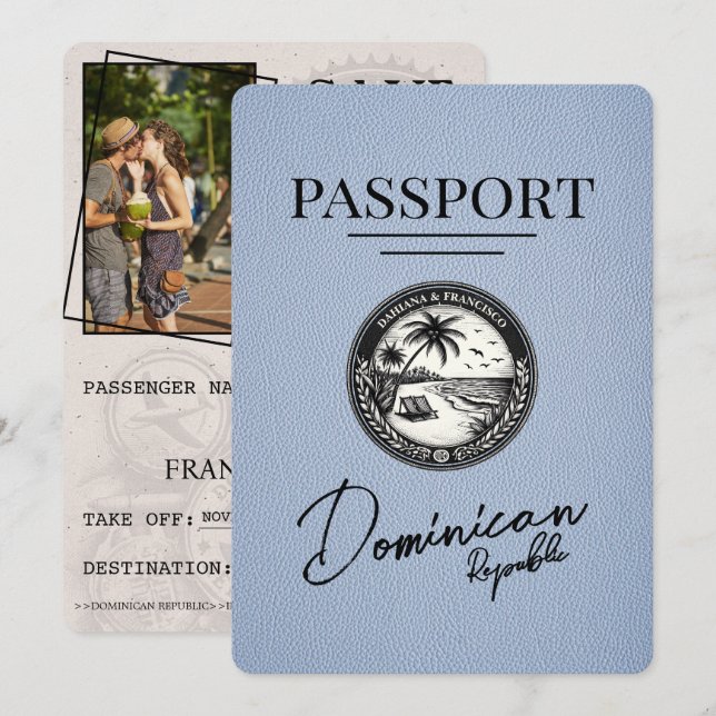 Dusty Blue Dominican Republic Passport Save The Date (Front/Back)
