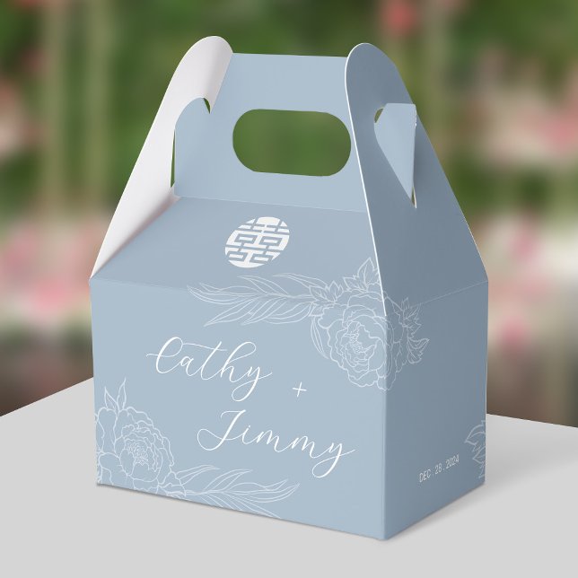 Dusty Blue Double Happiness Peonies Wedding Favor Box (Creator Uploaded)