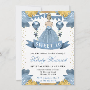 Dusty Blue Dress Blonde Hair Princess Sweet 16 Invitation