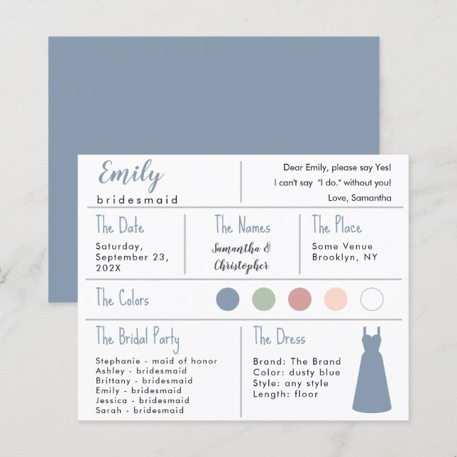 Dusty Blue Dress Colour Bridesmaid Information Car (Front/Back)
