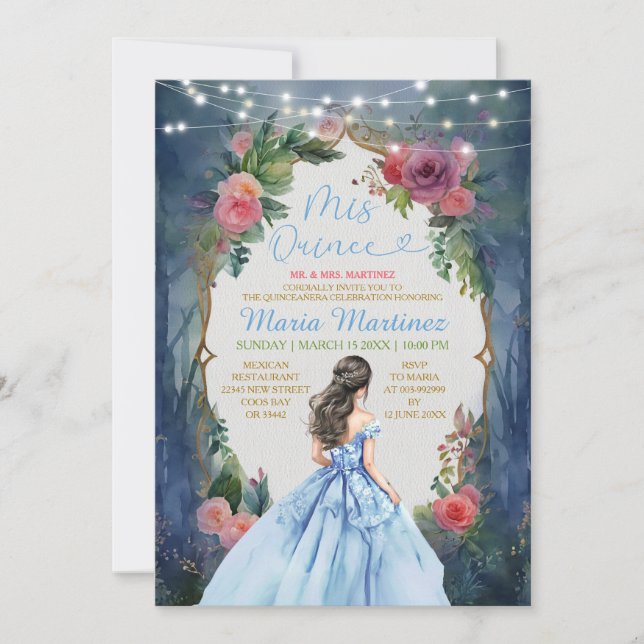 Dusty Blue Dress Dark Forest Floral Mis Quince Invitation (Front)