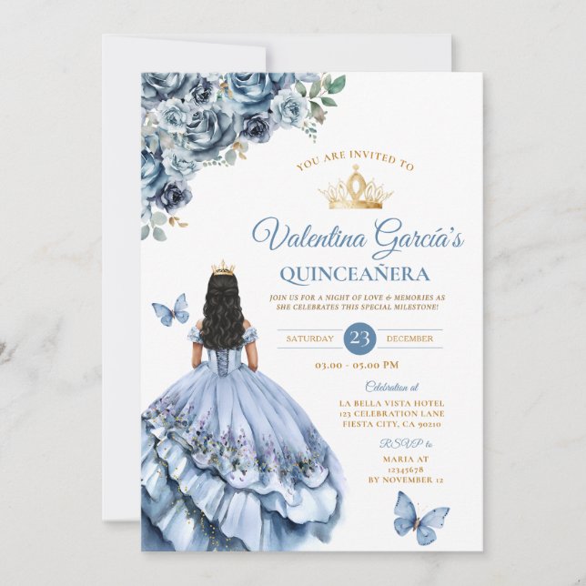 Dusty Blue Dress Quinceañera 15 Anos Flowers Gold Invitation (Front)