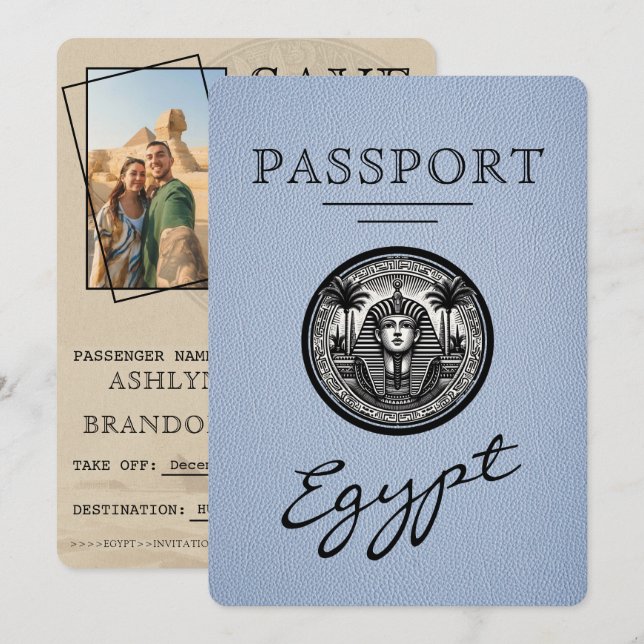 Dusty Blue Egypt Passport Wedding Save the Date (Front/Back)