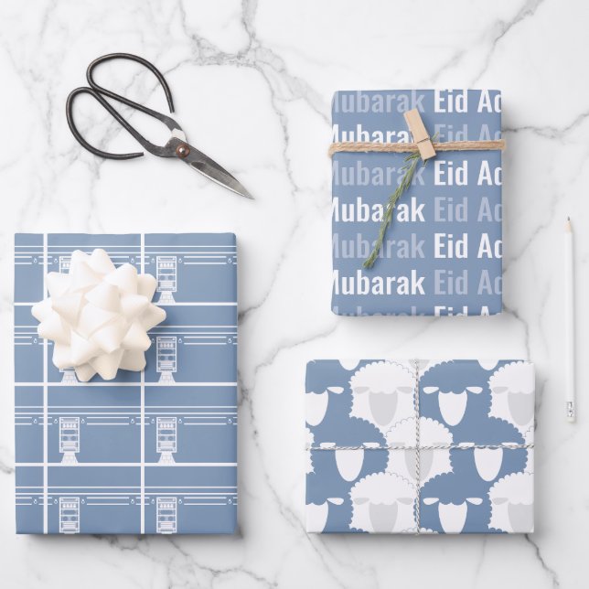 Dusty Blue Eid Adha Mubarak Kaaba Sheep Pattern Wrapping Paper Sheet (Front)