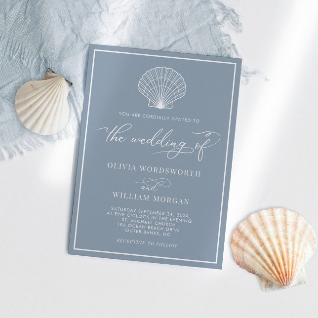 Dusty Blue Elegant Beach Seashell Wedding Invitation (Creator Uploaded)