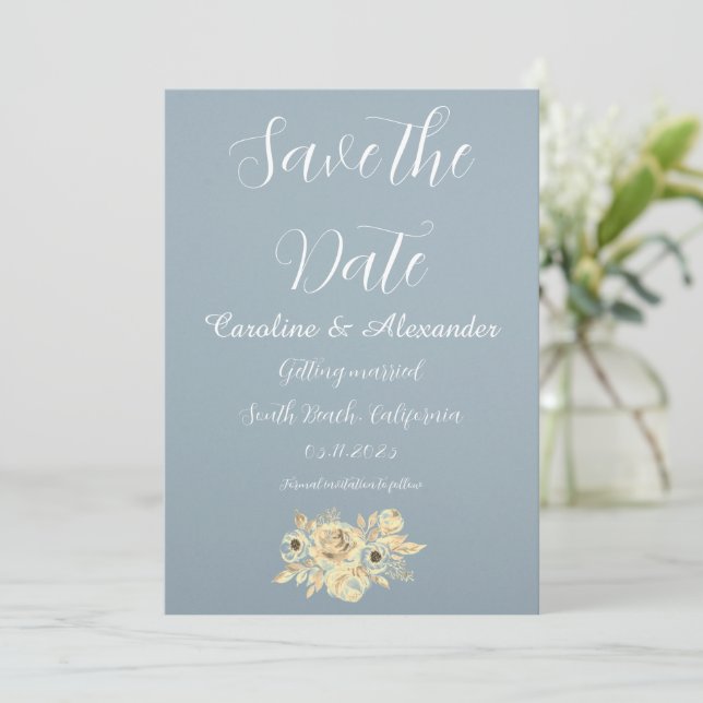 Dusty Blue Elegant Boho Simple Fancy Wedding  Save The Date (Standing Front)