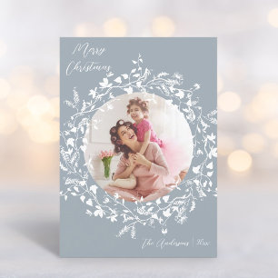 Dusty Blue Elegant Boho Wildflower Christmas Holiday Card