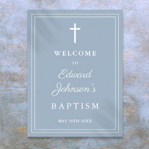 Dusty Blue Elegant Border Baptism Welcome Sign