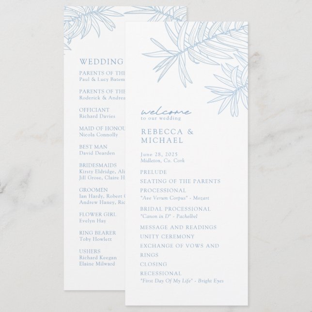 Dusty Blue Elegant Botanical Wedding Programme (Devant / Derrière)