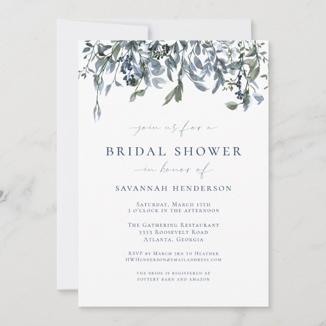Dusty Blue Elegant Bridal Shower Invitation (Front)