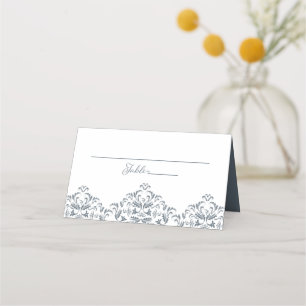 Dusty Blue Elegant Calligraphy Damask Place Card