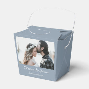 Dusty Blue Elegant Calligraphy Photo Wedding  Favor Box