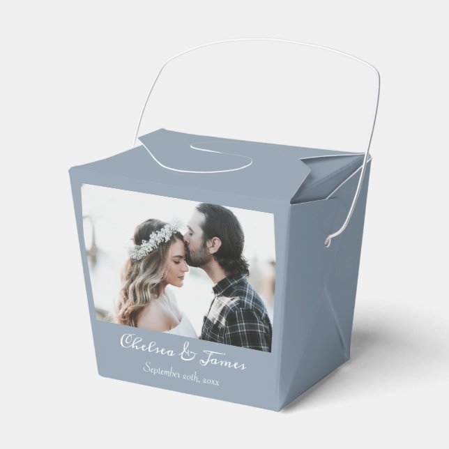 Dusty Blue Elegant Calligraphy Photo Wedding  Favor Box (Front Side)