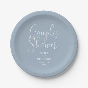 Dusty Blue Elegant Couples Bridal Wedding Shower Paper Plate