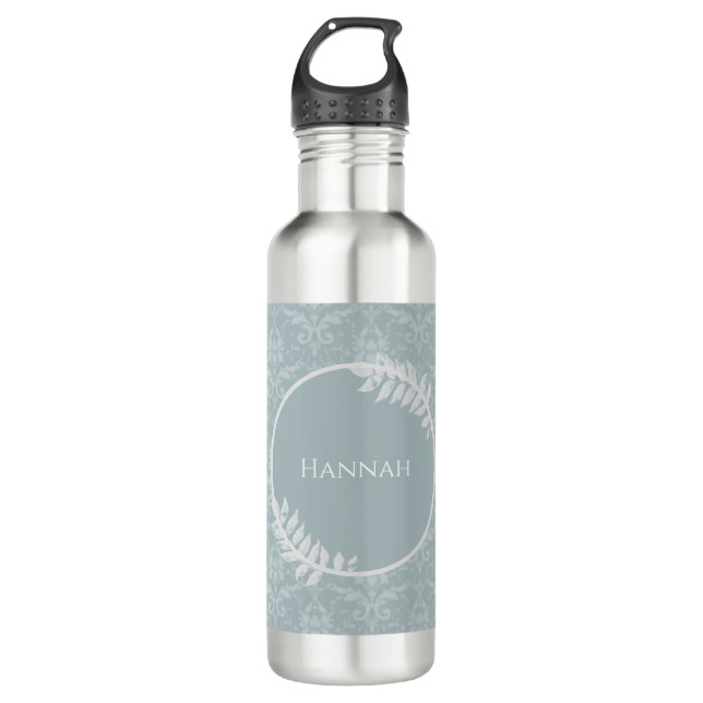 Dusty Blue Elegant Damask Personalized 710 Ml Water Bottle (Front)