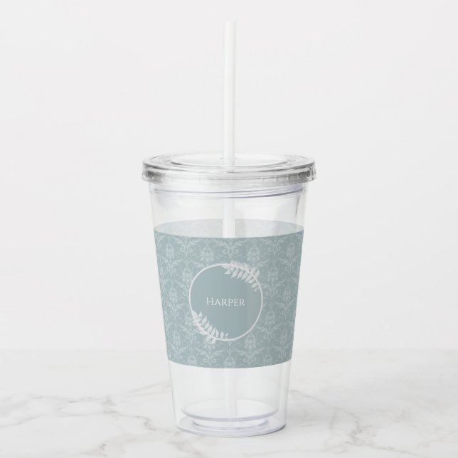 Dusty Blue Elegant Damask Personalized Acrylic Tumbler (Front)