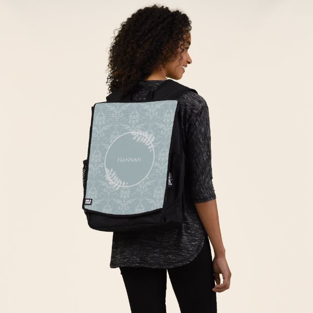 Dusty Blue Elegant Damask Personalized Backpack (Worn)