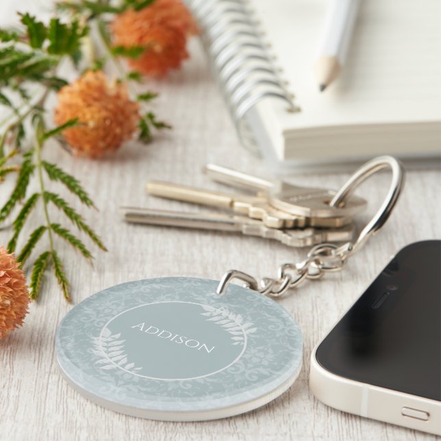 Dusty Blue Elegant Damask Personalized Keychain (Front Right)