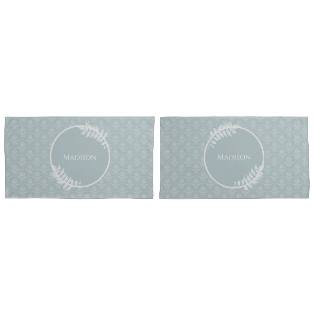 Dusty Blue Elegant Damask Personalized Pillowcase (Front-Set)