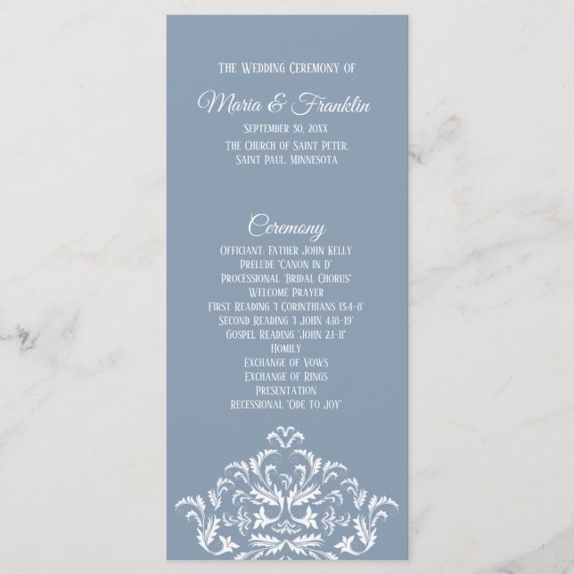 Dusty Blue Elegant Damask Program Rack Card (Front)