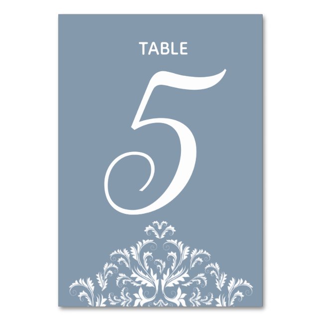 Dusty Blue elegant Damask Table Card (Front)