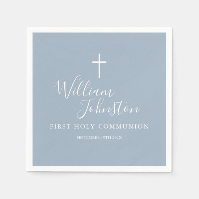 Dusty Blue Elegant First Holy Communion Napkins (Front)