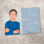Dusty Blue Elegant First Holy Communion Photo Save The Date<br><div class="desc">Elegant First Holy Communion signature save the date invitation featuring an elegant script signature name and special photo on a dusty blue background. Personalize with your special event information in chic lettering. Designed by Thisisnotme©</div>