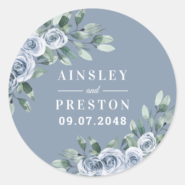 Dusty Blue Elegant Floral Boho Rose Rustic Wedding Classic Round Sticker (Front)