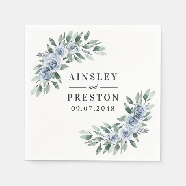 Dusty Blue Elegant Floral Boho Rose Rustic Wedding Napkin (Front)