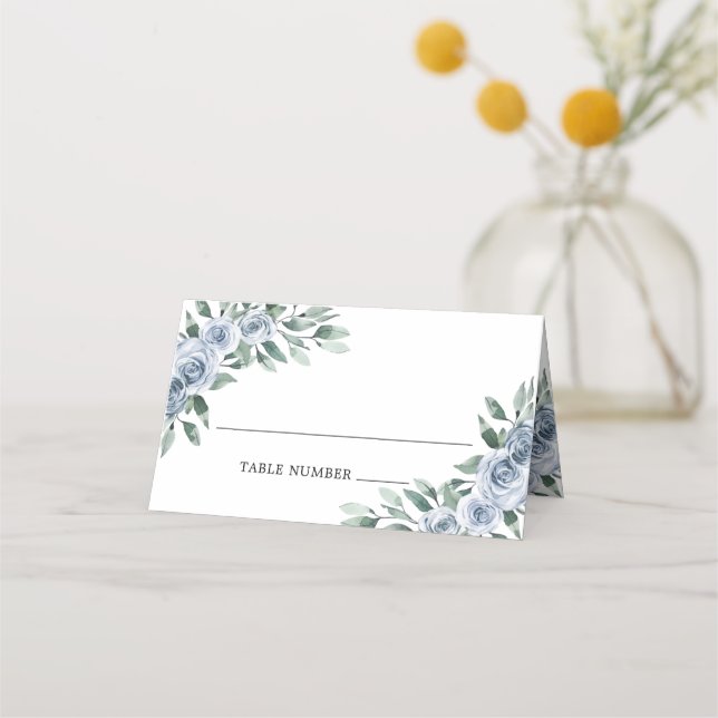 Dusty Blue Elegant Floral Boho Rose Rustic Wedding Place Card (Front)