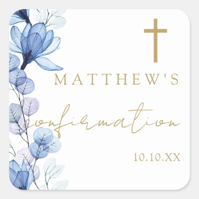 Dusty Blue Elegant Floral Confirmation Square Sticker (Front)