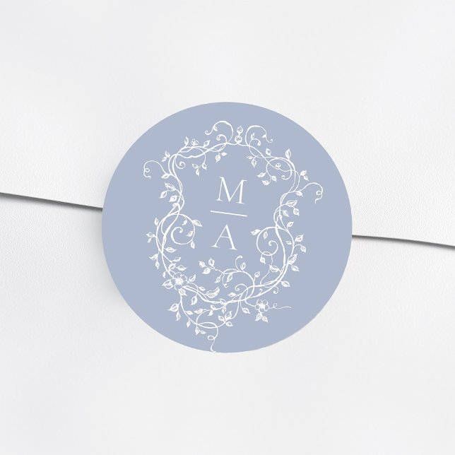 Dusty Blue Elegant Floral Crest Monograms Classic Round Sticker (Creator Uploaded)