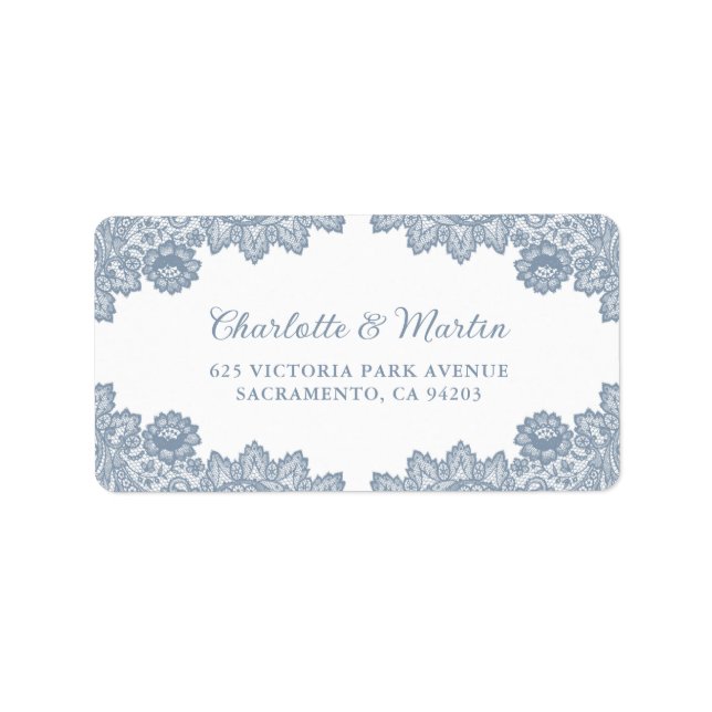 Dusty Blue Elegant Floral Lace Wedding Label (Front)