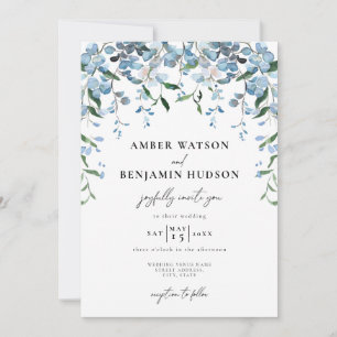 Dusty Blue Elegant Floral Watercolor Wedding Invitation