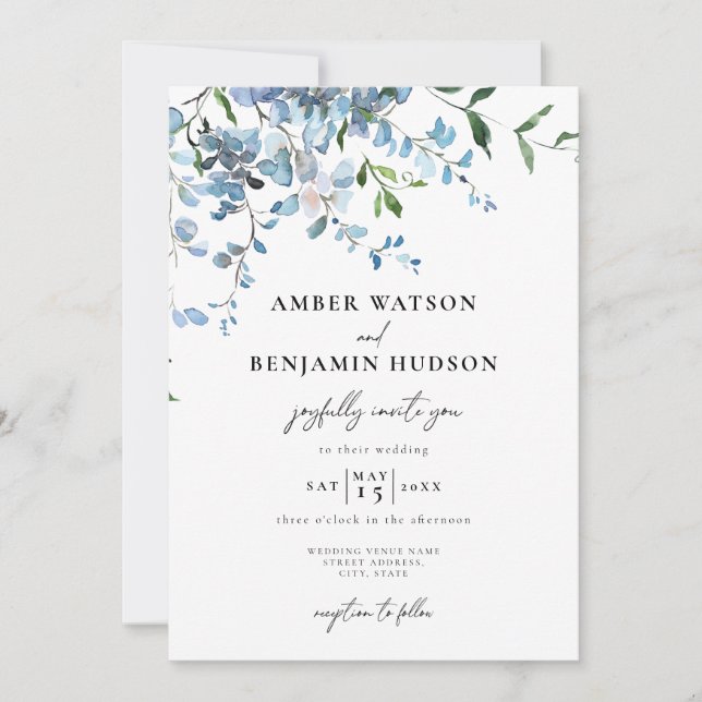 Dusty Blue Elegant Floral Watercolor Wedding Invitation (Front)