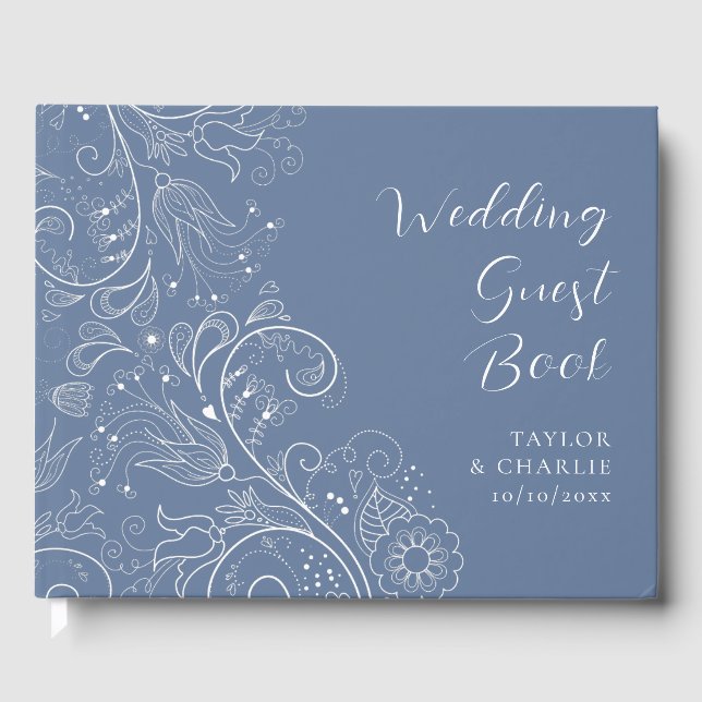 Dusty Blue Elegant Floral Wedding Guest Book (Front)