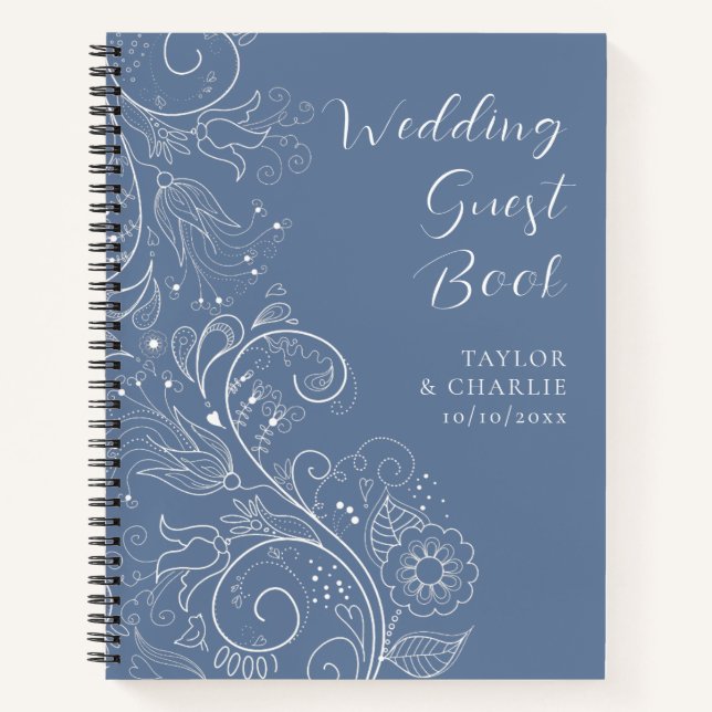 Dusty Blue Elegant Floral Wedding Guest Book (Front)