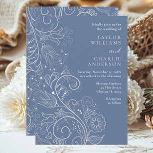 Dusty Blue Elegant Floral Wedding Invitation