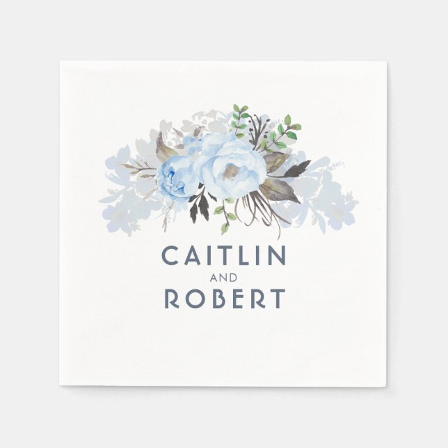 Dusty Blue Elegant Floral Wedding Napkin (Front)