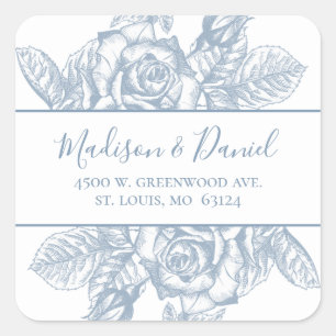 Dusty Blue Elegant Floral Wedding Return Address Square Sticker